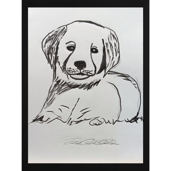 Puppy Dog Black & White OOAK Original Artwork Monochrome 9x12 Inch Ink Drawing - Picture 1 of 2